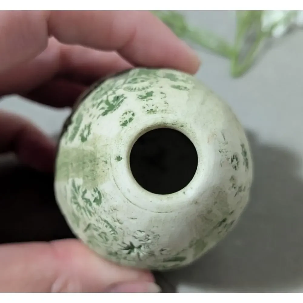 Vintage Ed Brinkman Studio Art Pottery Egg Bud Vase Carved Floral Green MCM
